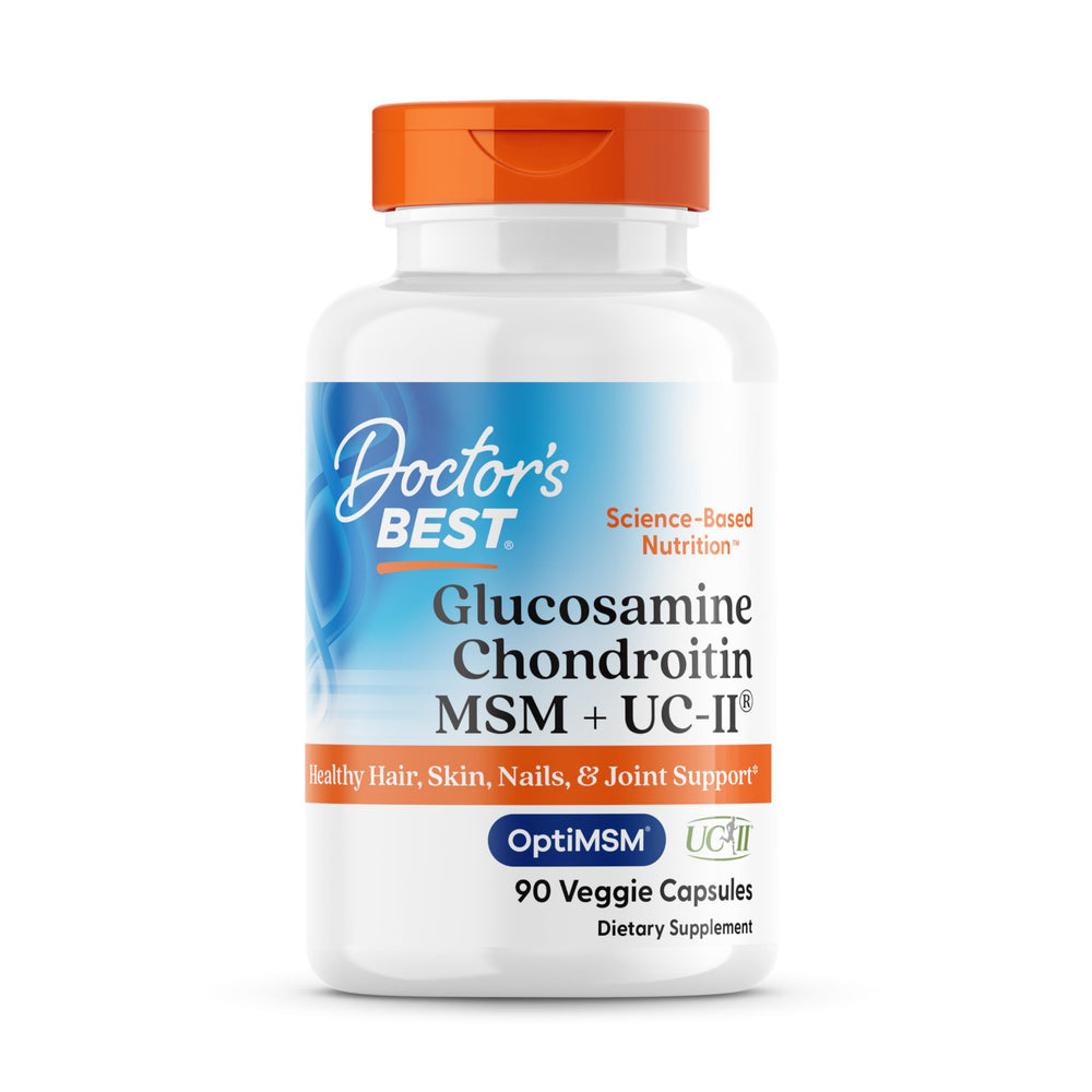 Doctor's Best Glucosamine-Chondroitin-MSM-UCII bottle closeup highlighting joint support