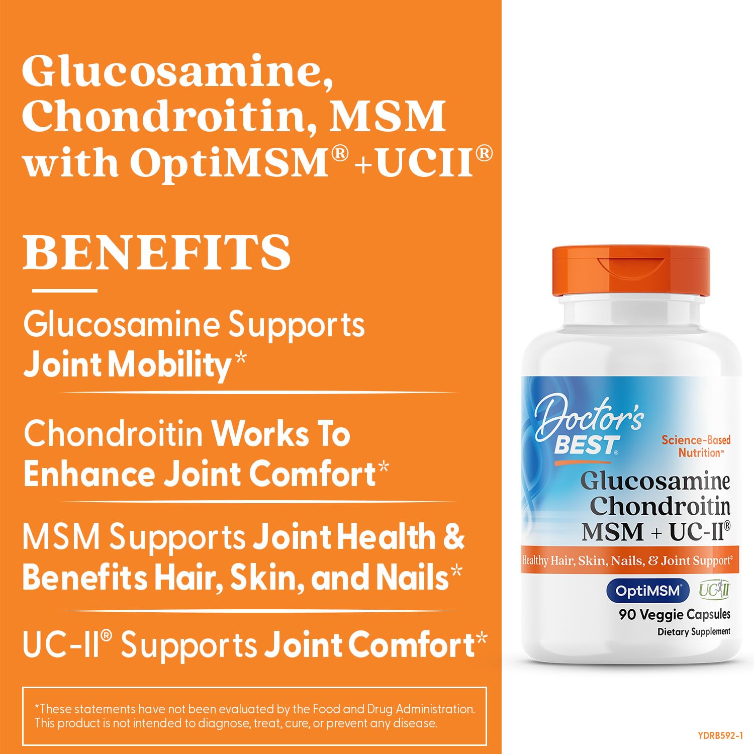Doctor's Best Glucosamine-Chondroitin-MSM-UCII capsules pouring for easy daily dosing