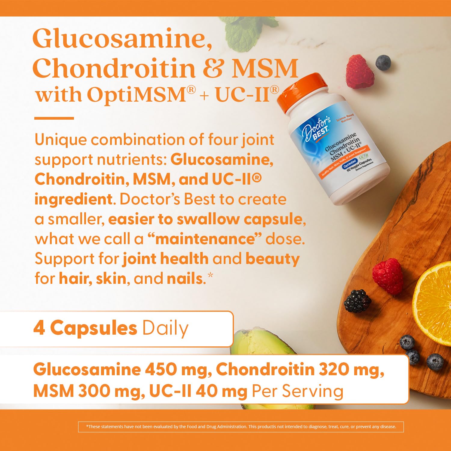 Doctor's Best Glucosamine-Chondroitin-MSM-UCII daily dose bottle on a desk