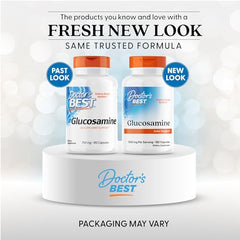Close-up of Doctor's Best glucosamine label highlighting non-GMO and gluten-free features