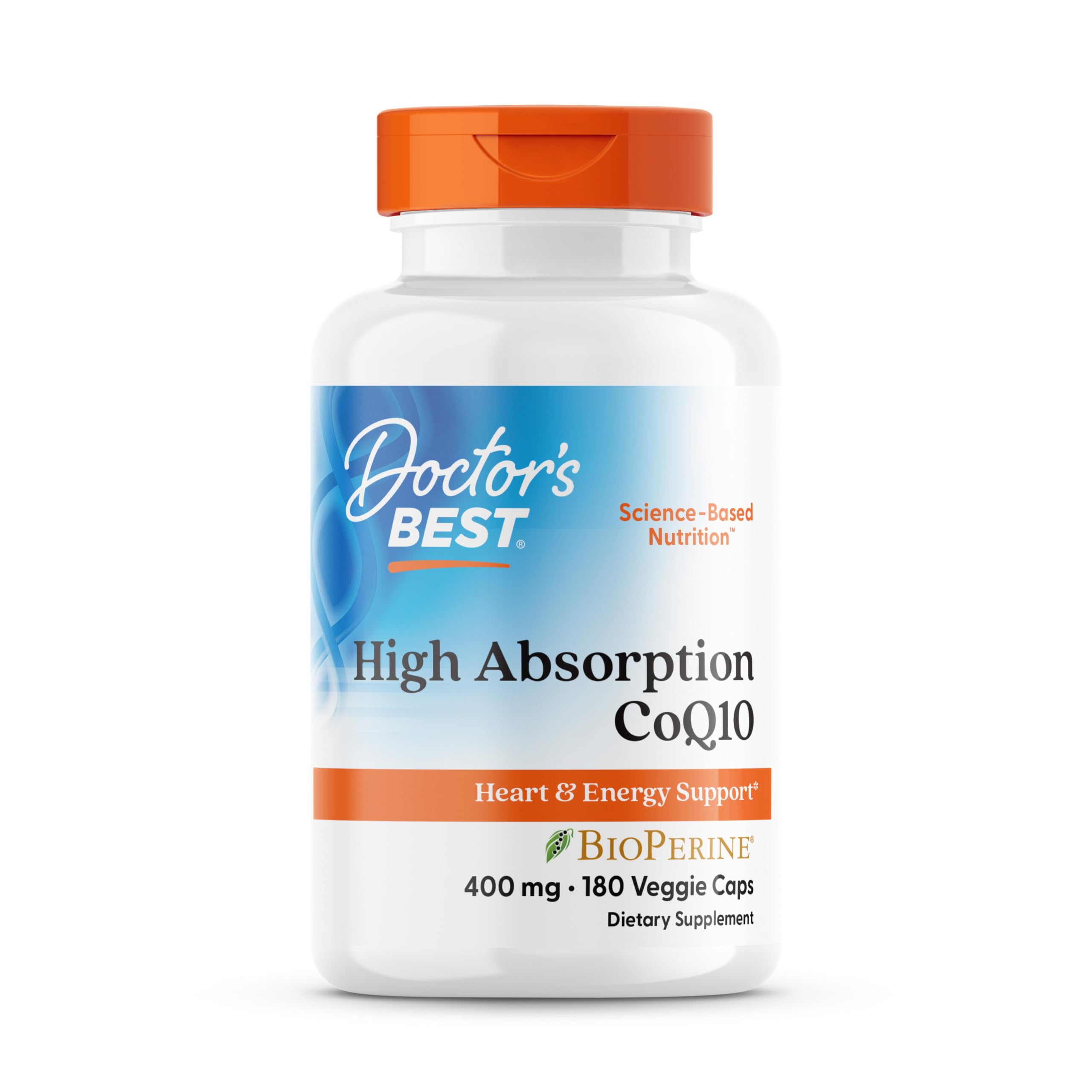 Doctor's Best high absorption CoQ10 bottle highlighting heart support and energy metabolism.