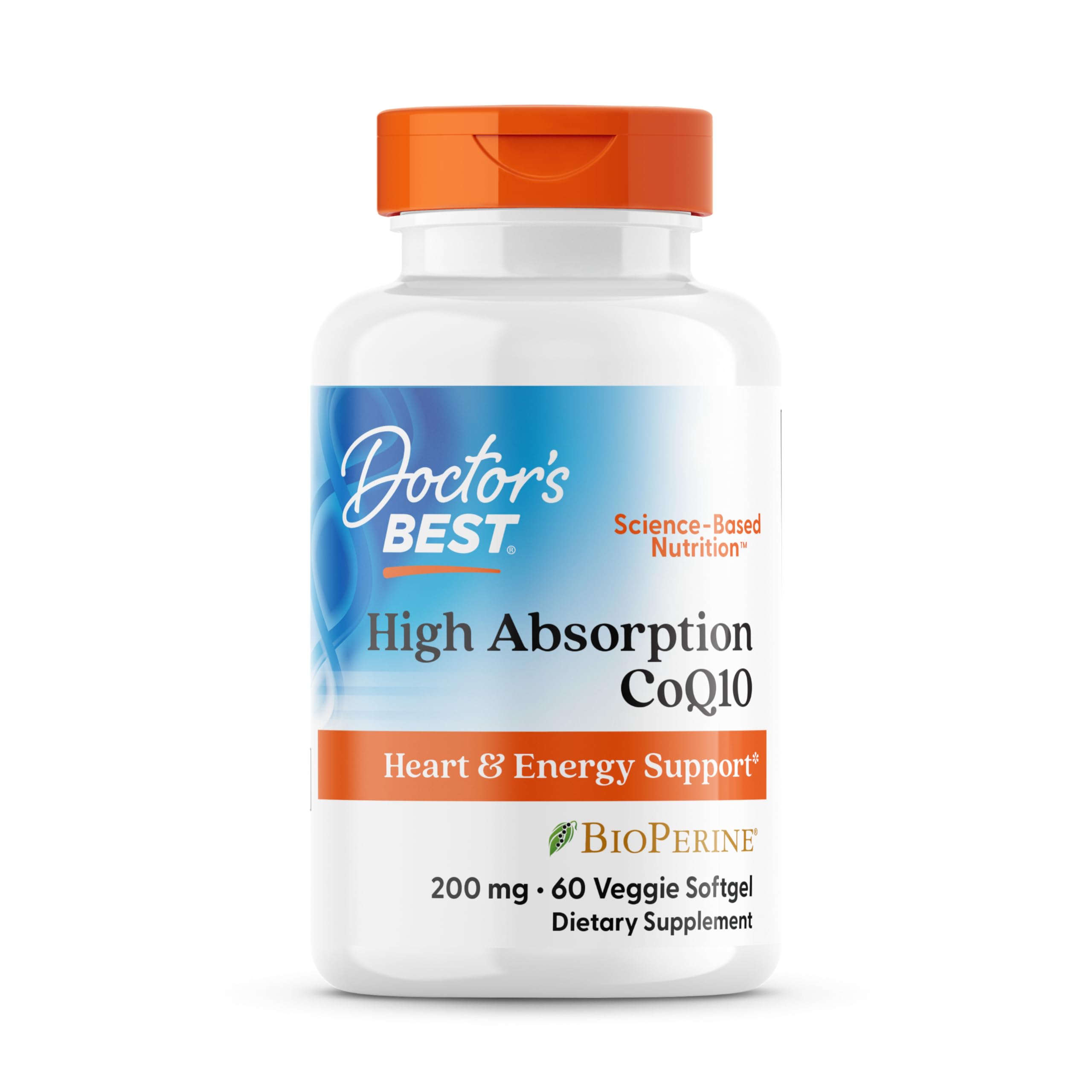 Doctor's Best High Absorption CoQ10 bottle shows enhanced heart vitality and energy support.