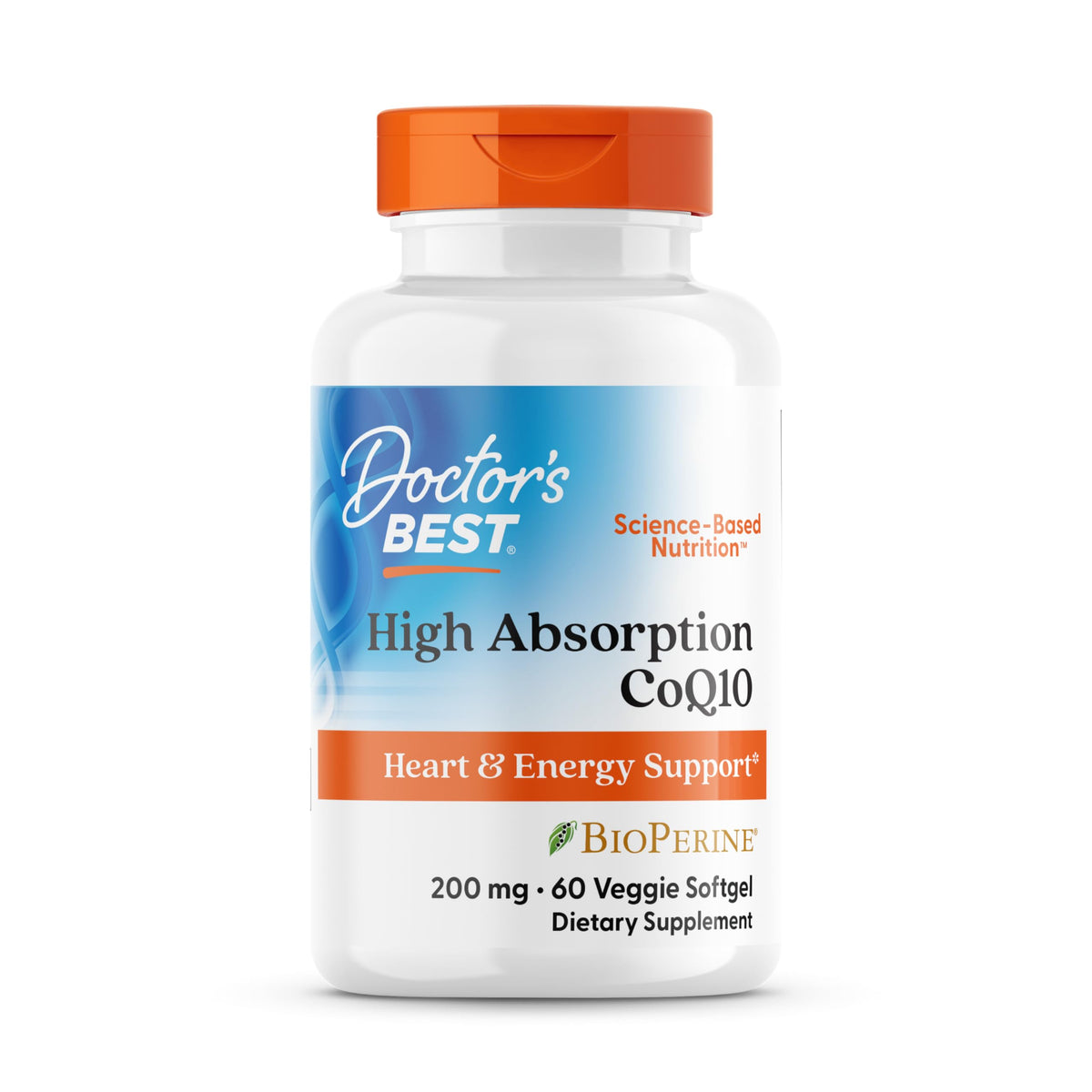 Doctor's Best High Absorption CoQ10 bottle shows enhanced heart vitality and energy support.