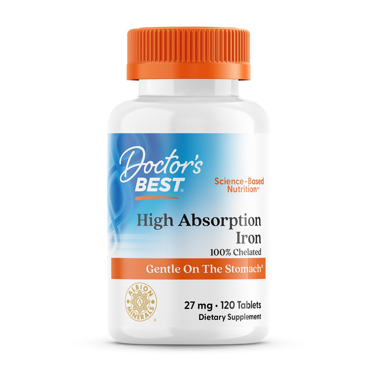 Doctor's Best High Absorption Iron bottle with clear label and dosage for easy use.