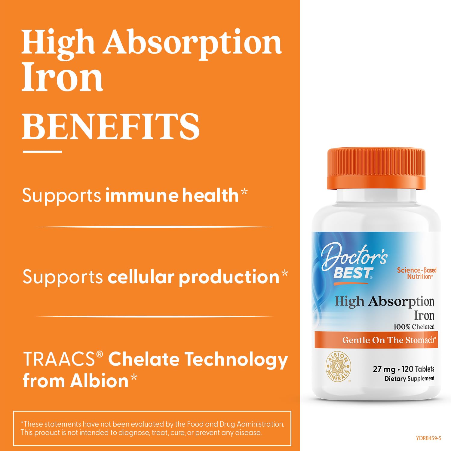 Doctor's Best High Absorption Iron label close-up highlighting chelation and dosage guidance.
