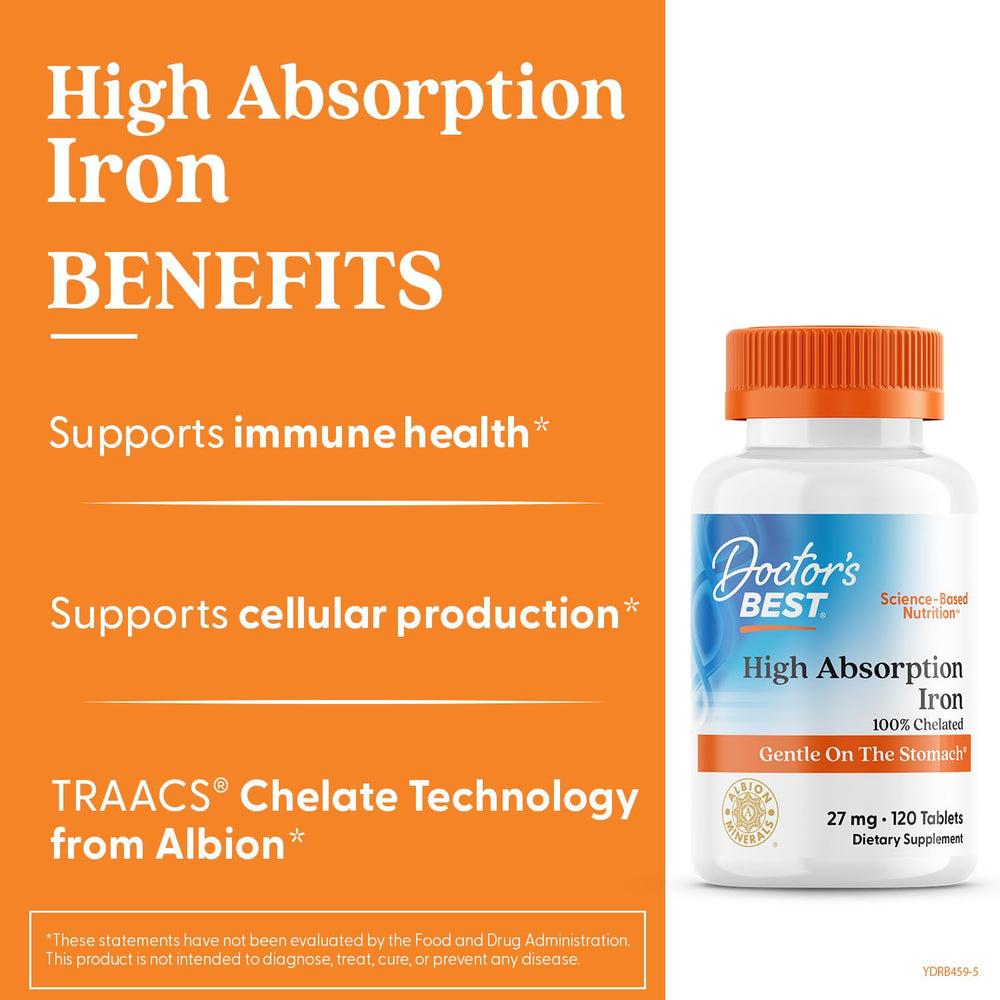 Doctor's Best High Absorption Iron label close-up highlighting chelation and dosage guidance.