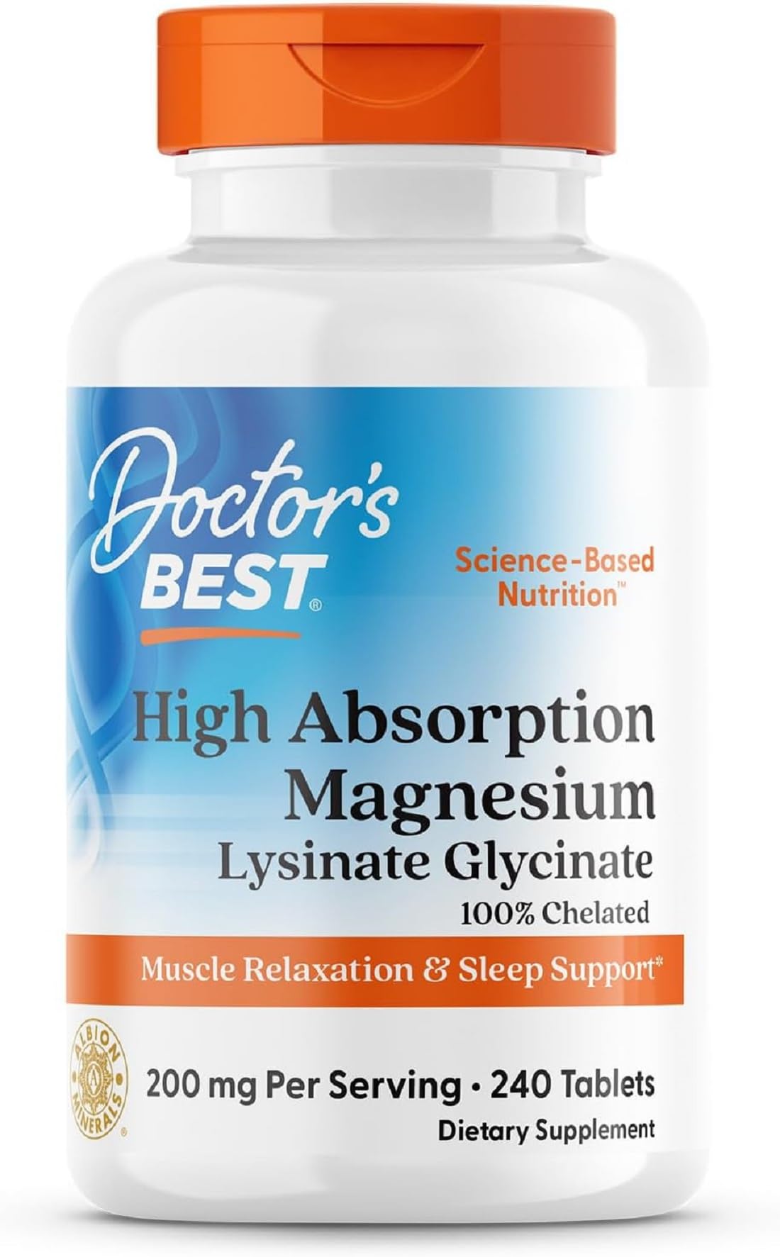 Doctor’s Best magnesium glycinate lysinate tablet close-up highlighting high absorption potential.