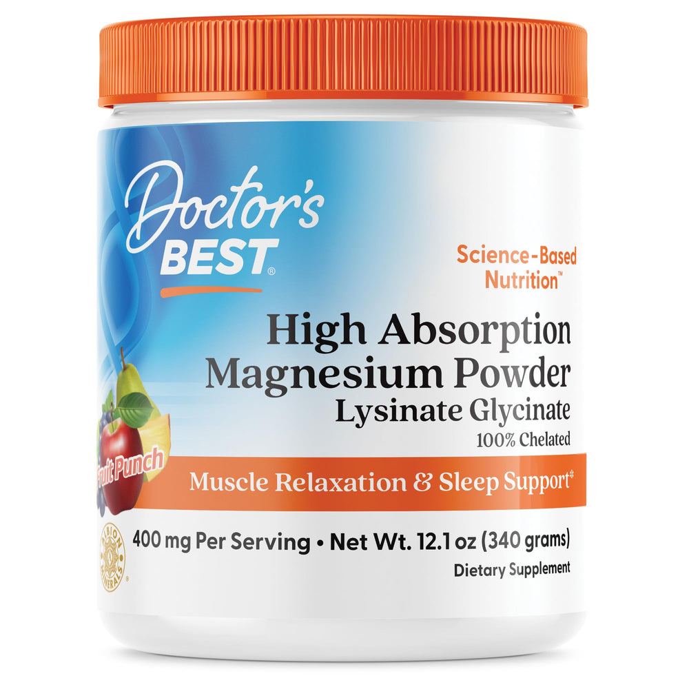 Doctor's Best high-absorption magnesium powder jar for daily muscle support.