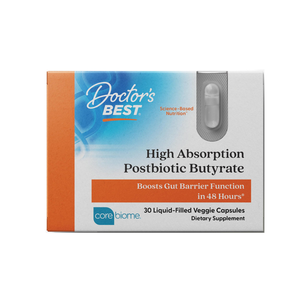Doctor's Best high absorption postbiotic butyrate bottle highlighting Corebiome for gut support.