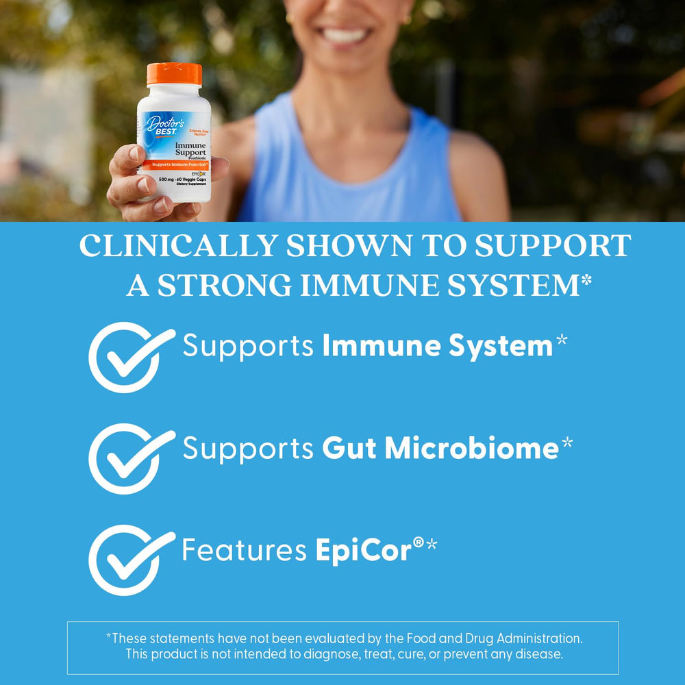 Doctors Best Immune Support capsules being poured illustrate convenient daily dosing.