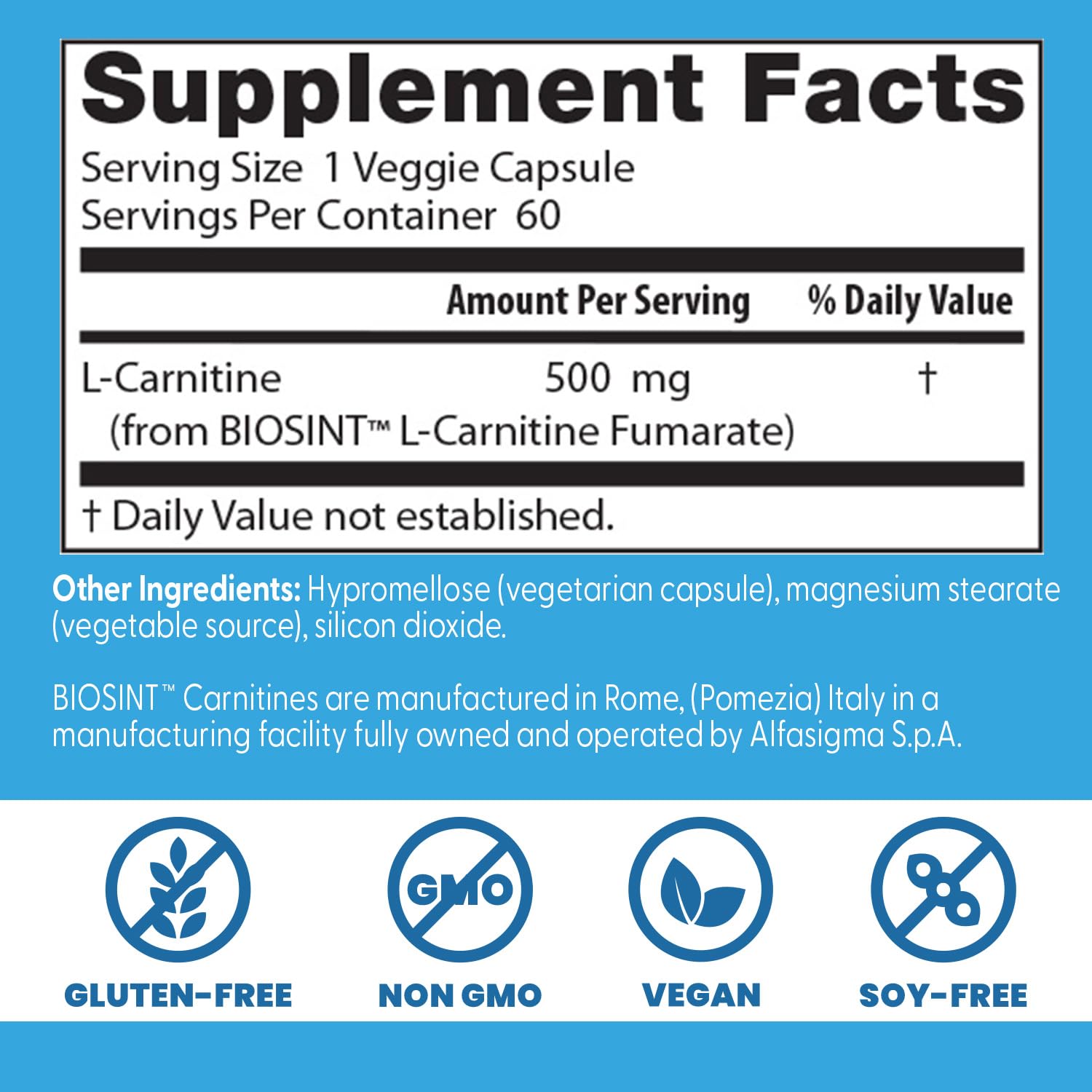 Doctor's Best L-Carnitine Fumarate label with product details and vegan attributes.