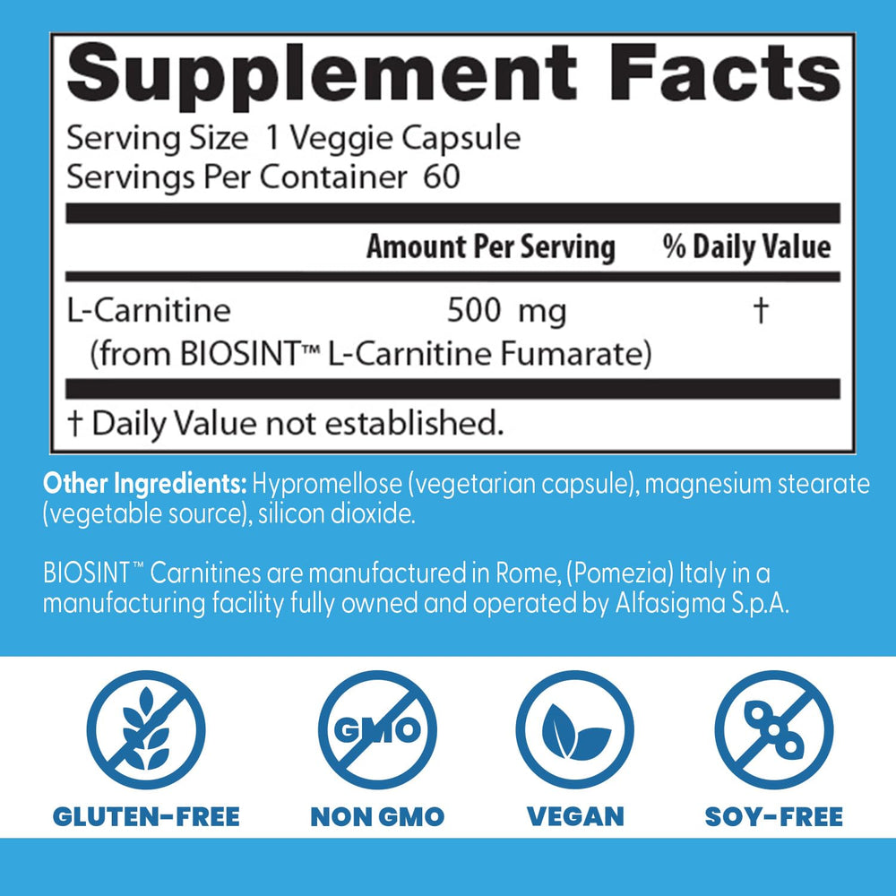 Doctor's Best L-Carnitine Fumarate label with product details and vegan attributes.