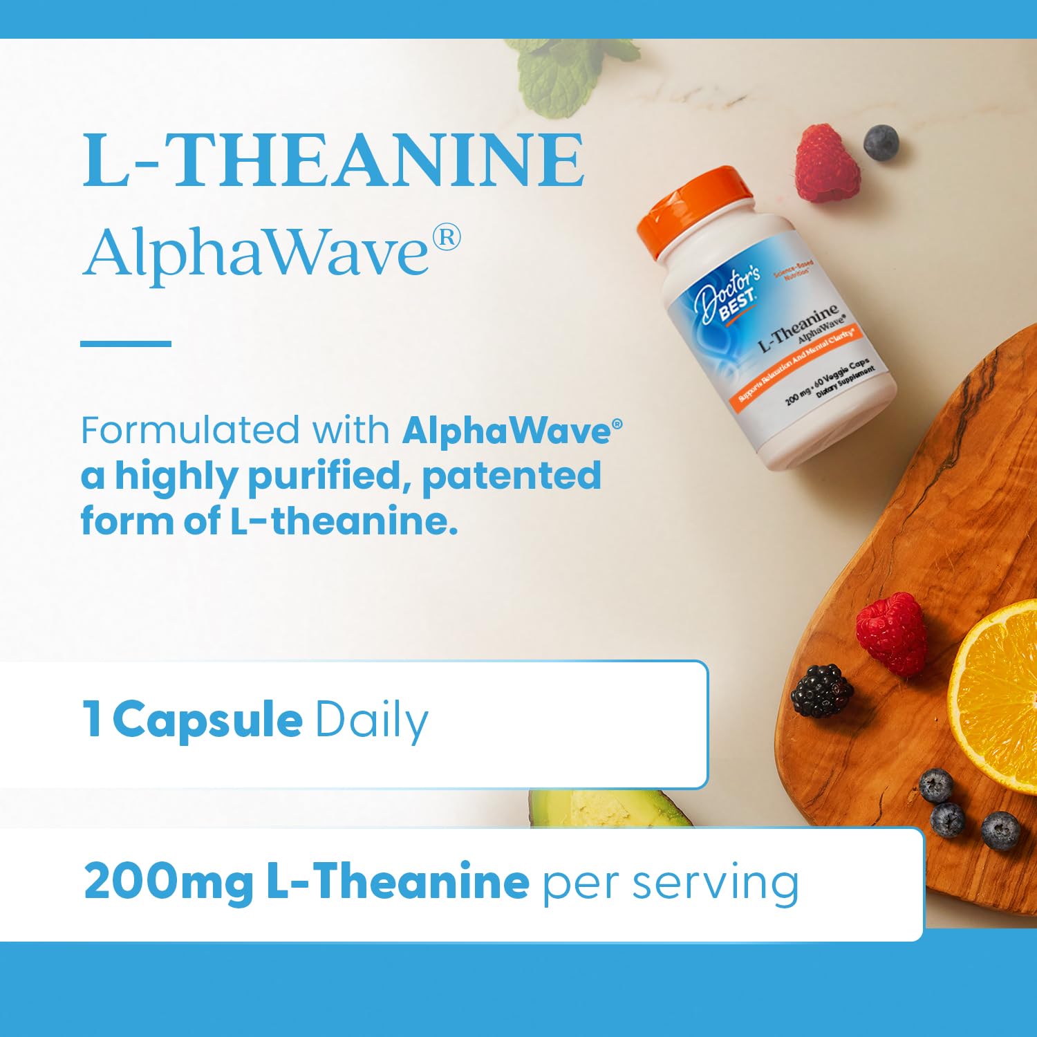 Doctor's Best L-Theanine AlphaWave bottle on desk for study or work