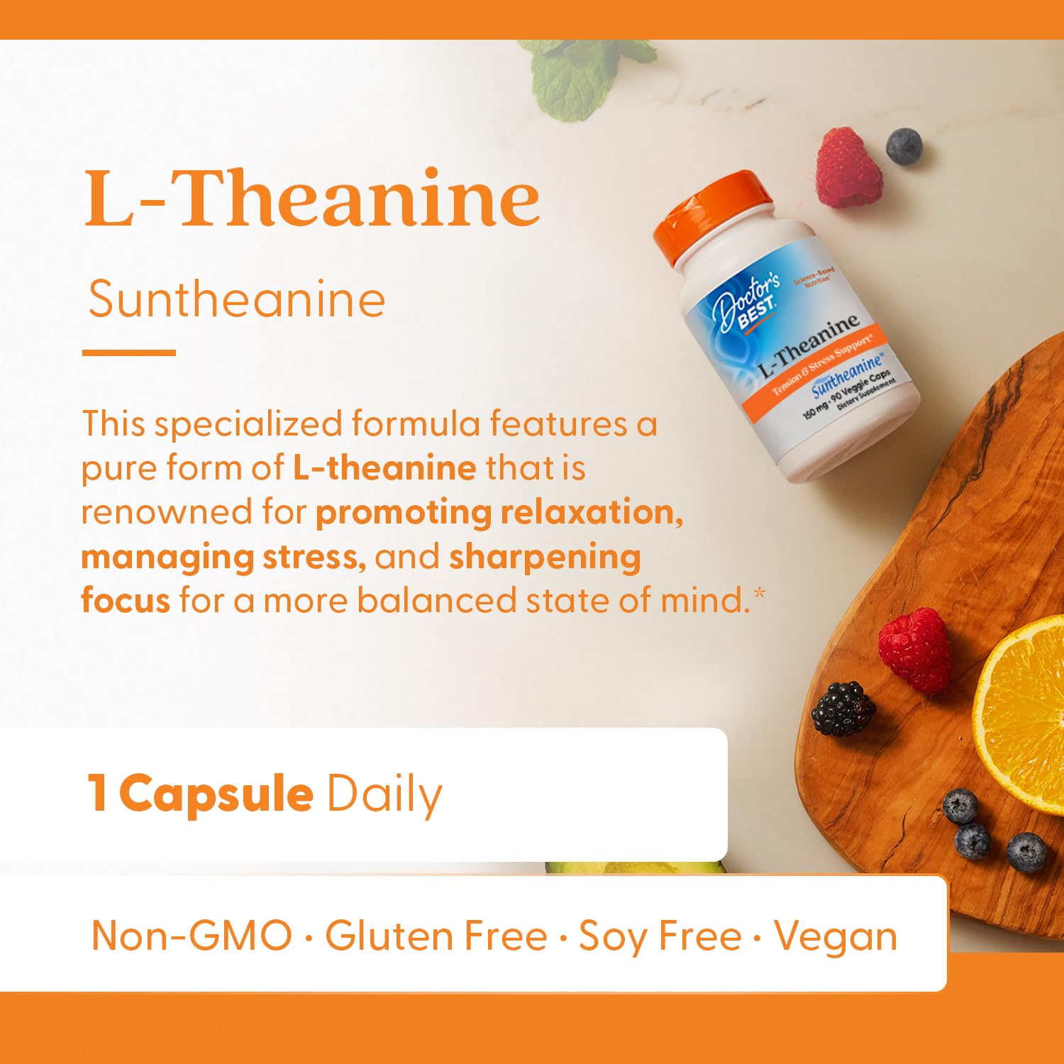 Doctor's Best L-Theanine box front communicates non-GMO vegan credentials