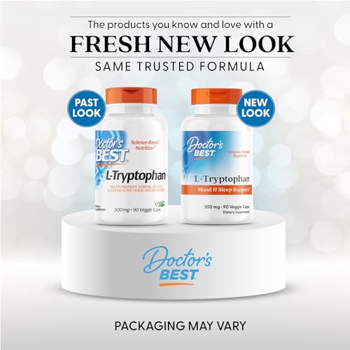 Doctor's Best L-Tryptophan label highlights vegan, non-GMO formulation for mindful choices.