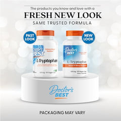 Doctor's Best L-Tryptophan label highlights vegan, non-GMO formulation for mindful choices.