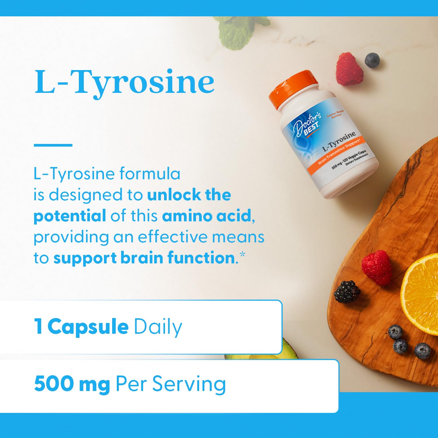 Doctor's Best L-Tyrosine 120 veggie caps packaging for convenient daily use
