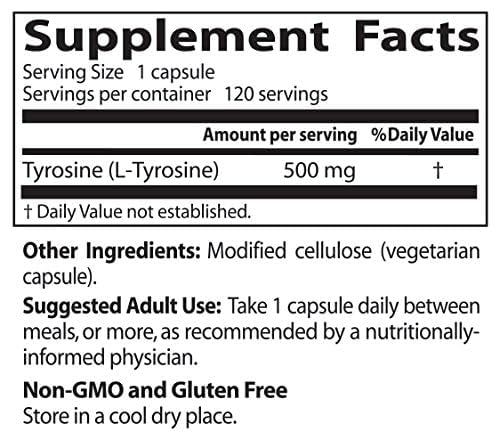 Doctor's Best L-Tyrosine capsules with ingredients panel and transparent labeling