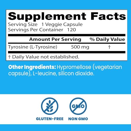 Doctor's Best L-Tyrosine vegan capsules on blue background gluten-free