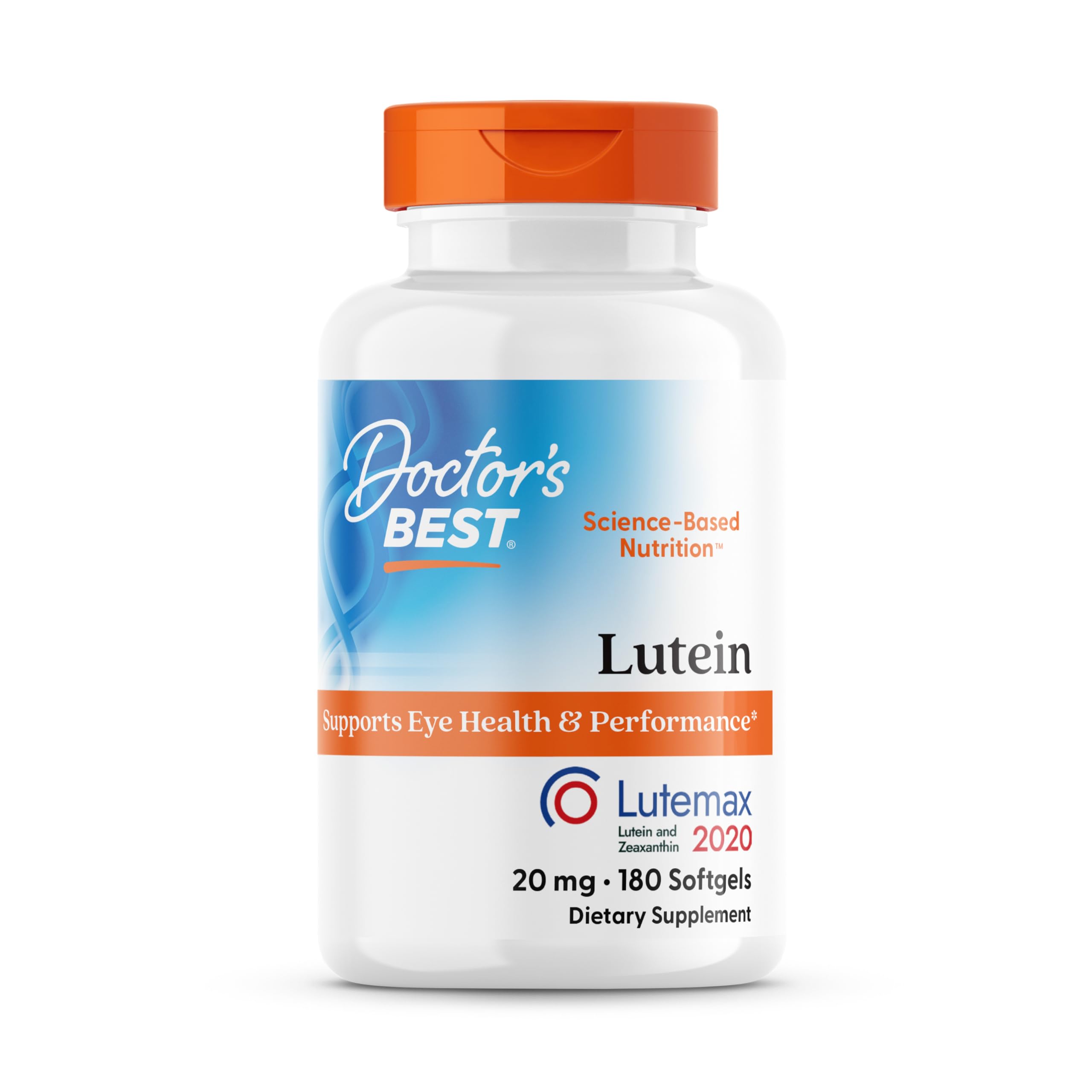Doctors Best Lutein 20 mg bottle supports eye health and blue light defense