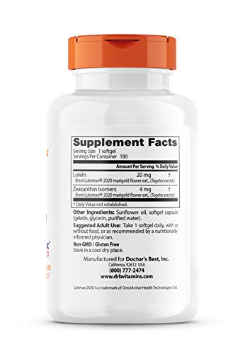 Doctors Best Lutein capsules bottle with Lutemax 2020 for macular health