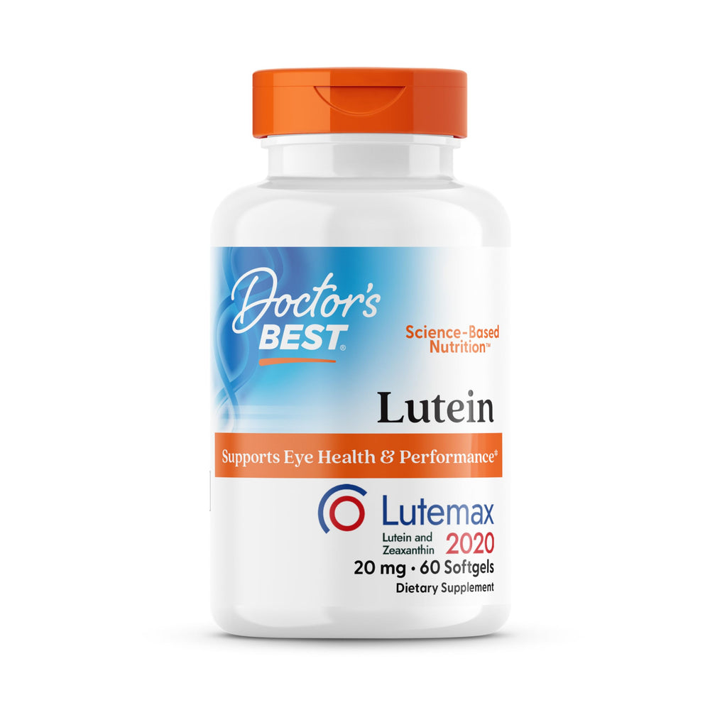 Doctor's Best Lutein bottle pouring capsules for daily eye health support.