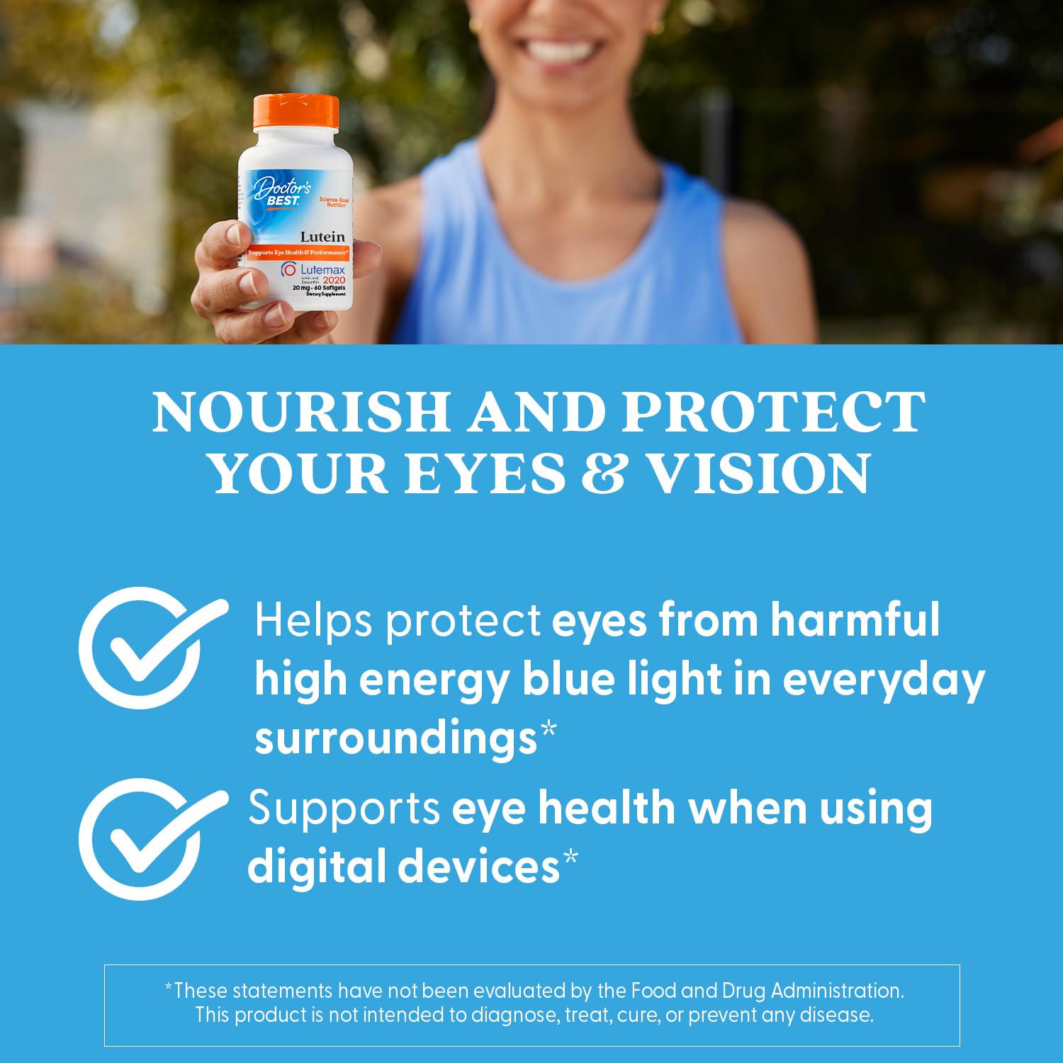 Doctor's Best Lutein daily-use hands-taking shot highlights an easy routine.