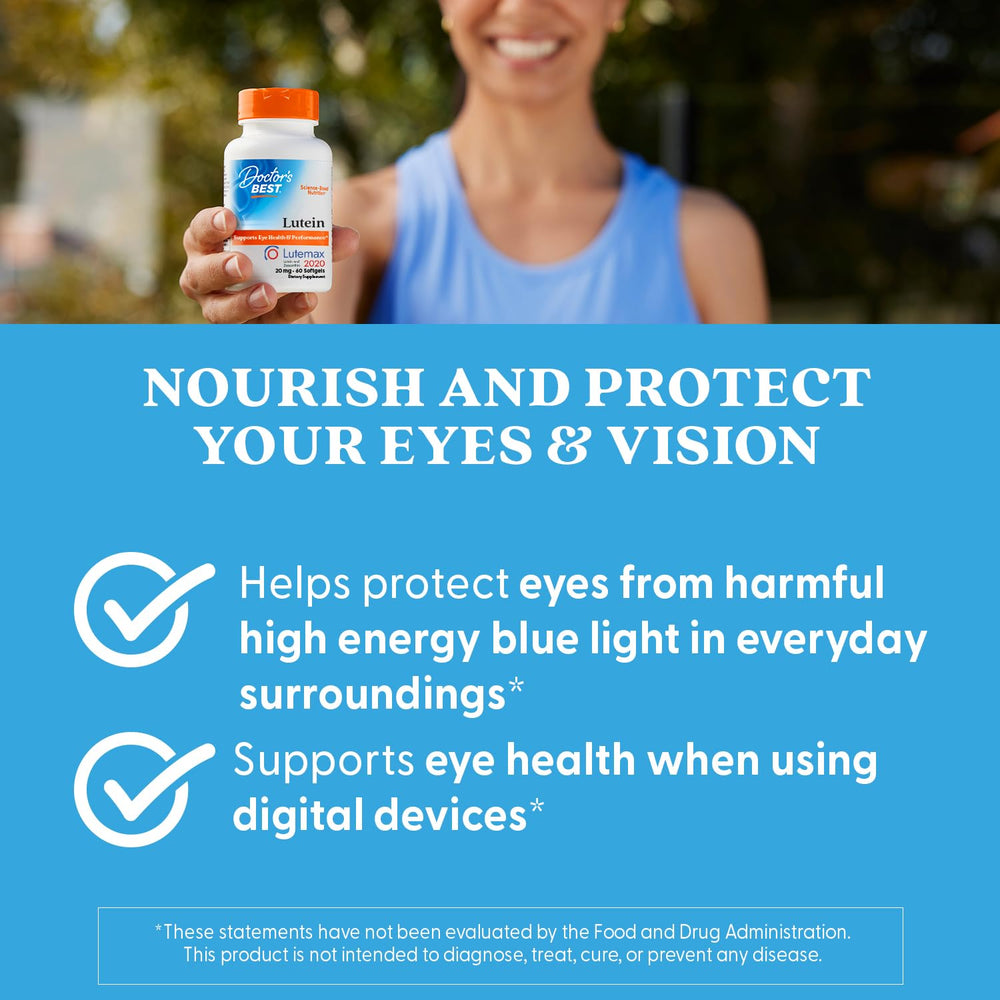 Doctor's Best Lutein daily-use hands-taking shot highlights an easy routine.