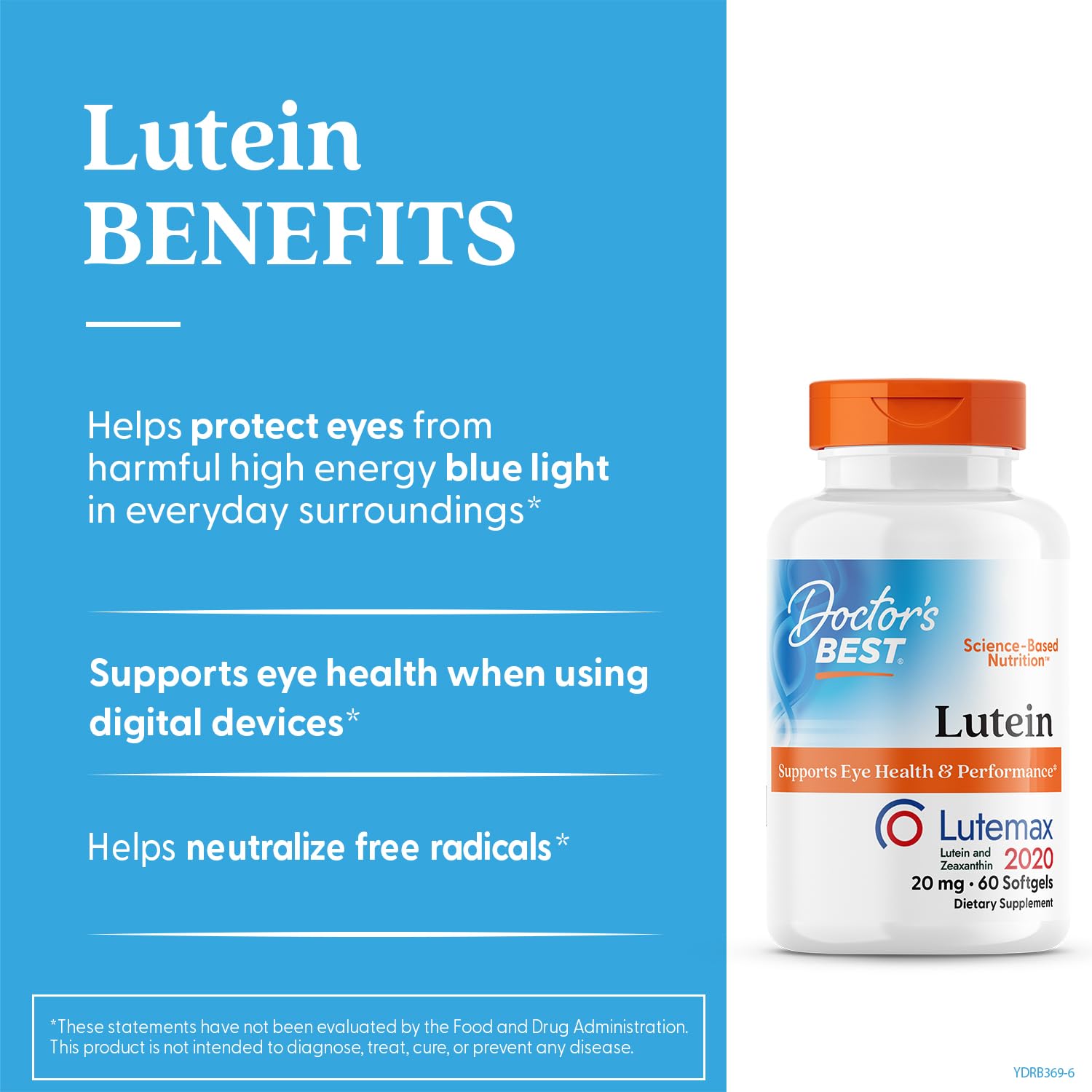 Doctor's Best Lutein label close-up highlighting Lutemax 2020 formula.