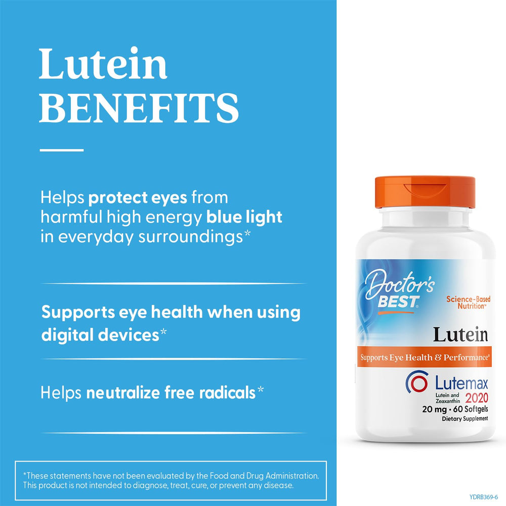 Doctor's Best Lutein label close-up highlighting Lutemax 2020 formula.