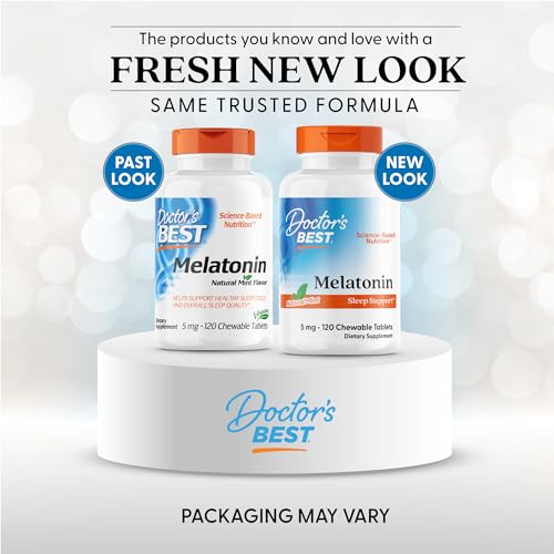 Close-up of Doctor's Best melatonin bottle label highlighting vegan and gluten-free features.