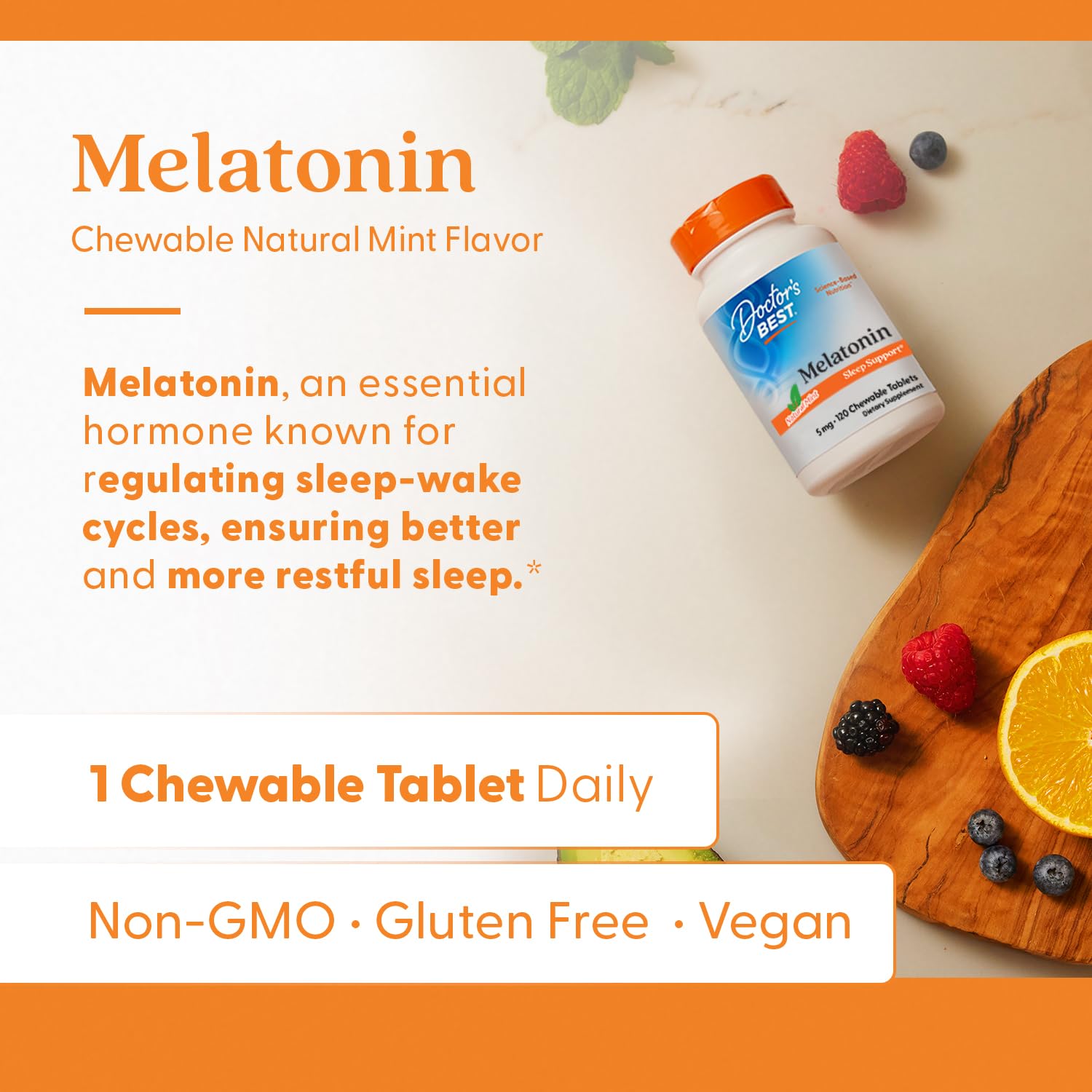 Hands holding a mint-flavored melatonin chewable tablet.