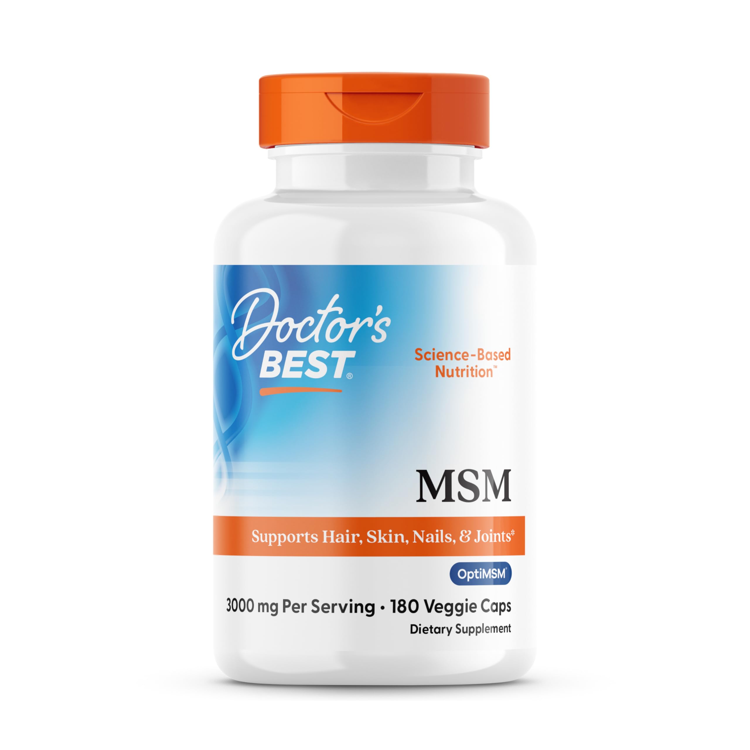 Doctors Best MSM bottle front showing the label and vegan capsules for joint support