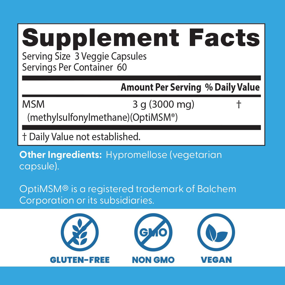 Doctors Best MSM bottle label detail emphasizes purity standards and non-GMO formulation