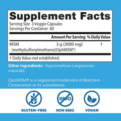 Doctors Best MSM bottle label detail emphasizes purity standards and non-GMO formulation