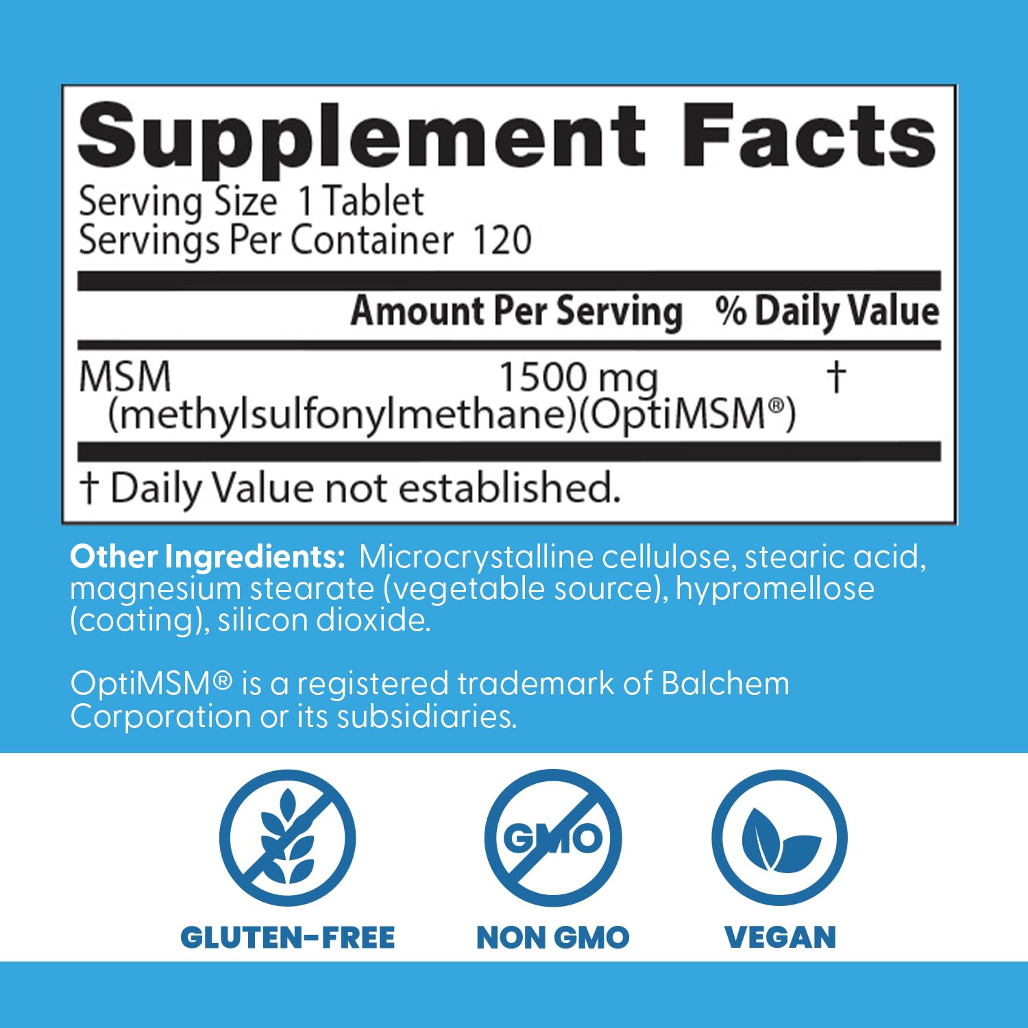 Close-up of Doctor's Best MSM tablets indicating vegan and gluten-free composition