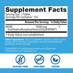 Close-up of Doctor's Best MSM tablets indicating vegan and gluten-free composition