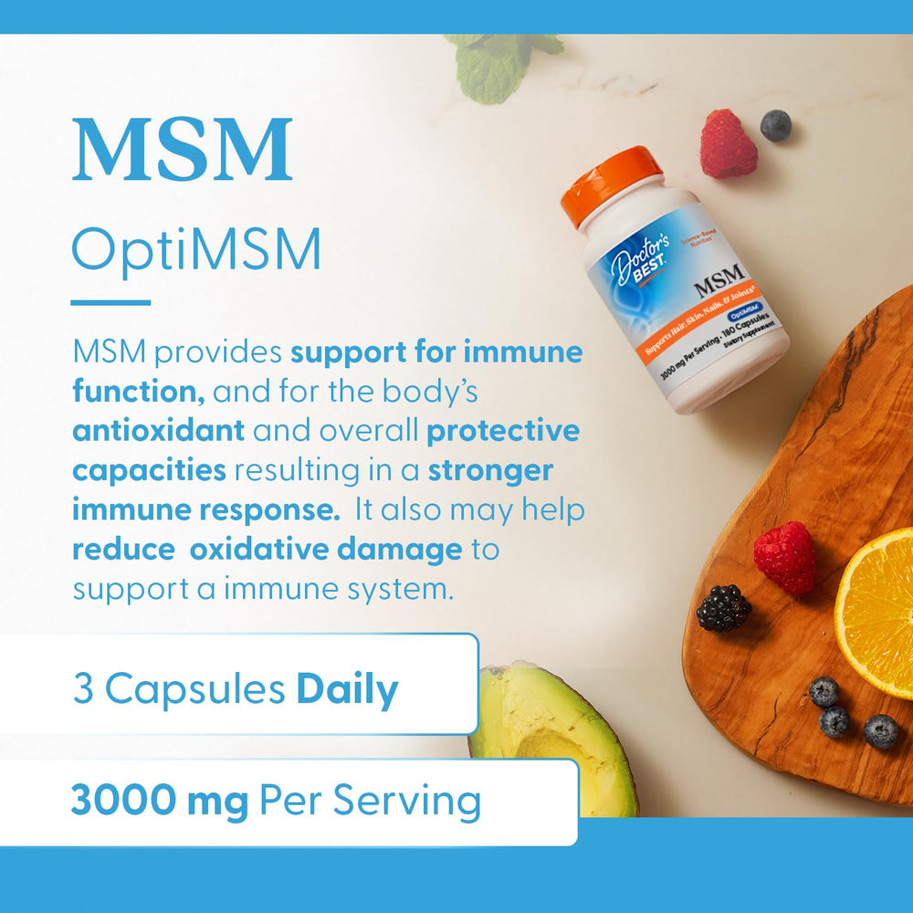 Doctor's Best MSM packaging box with Non-GMO and gluten-free labeling.