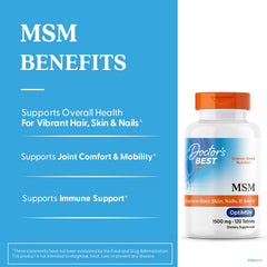 Doctor's Best MSM tablets arranged to highlight skin, hair, and nails support