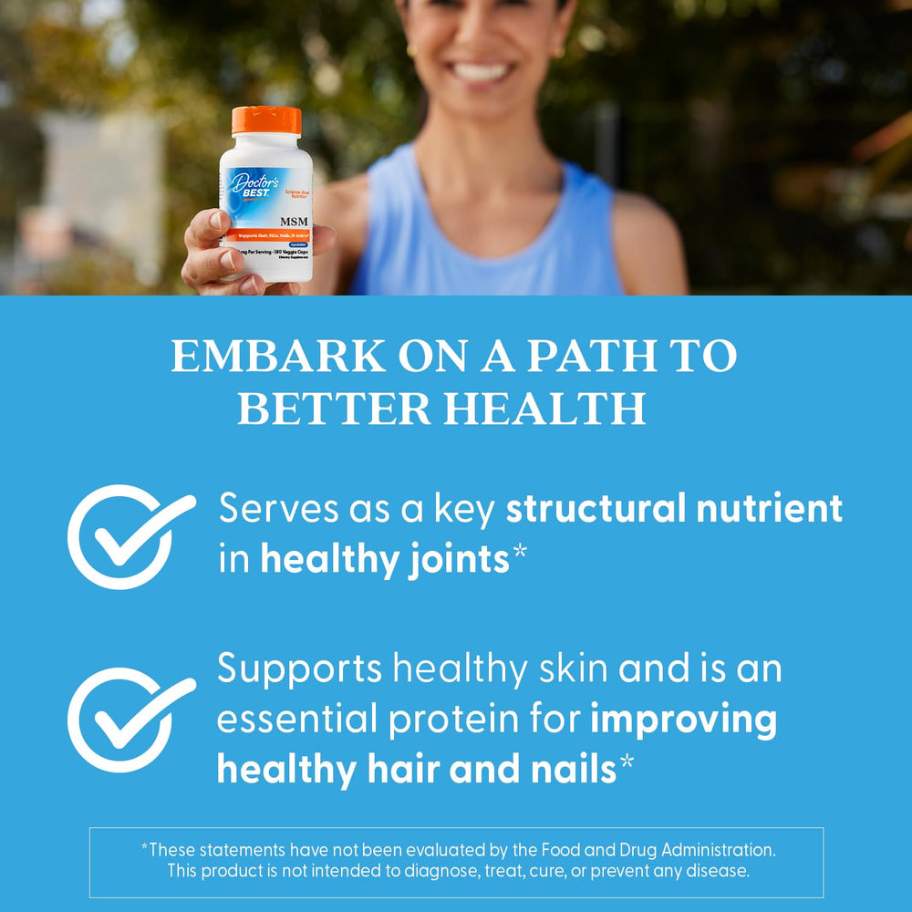 Doctors Best MSM veggie caps pack communicates vegan and gluten-free features