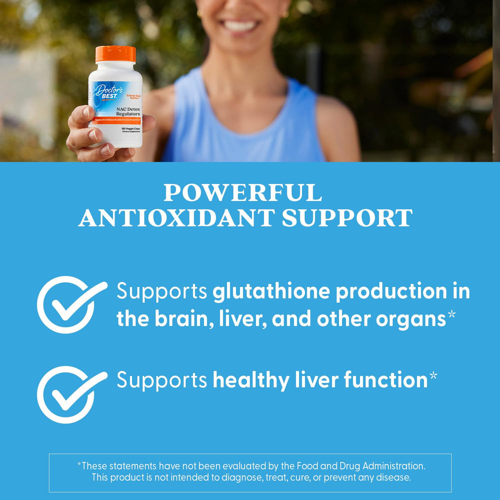 Doctor's Best NAC Detox Regulators ingredients panel emphasizing NAC and selenium for antioxidant support.