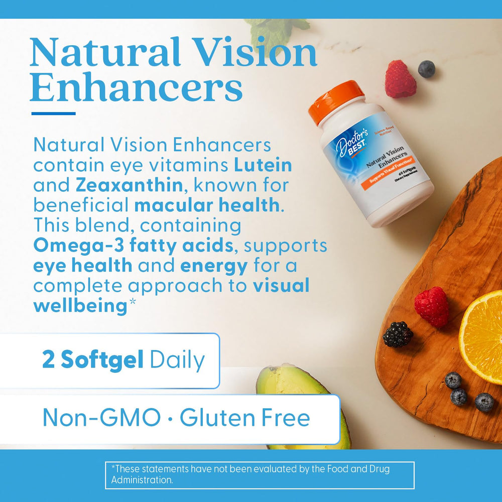 Doctor's Best Vision Enhancers beside a digital screen implying blue-light support