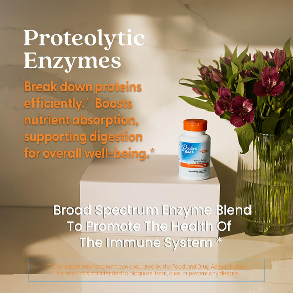 Doctor's Best proteolytic enzymes bottle beside a glass of water for daily digestion routine.
