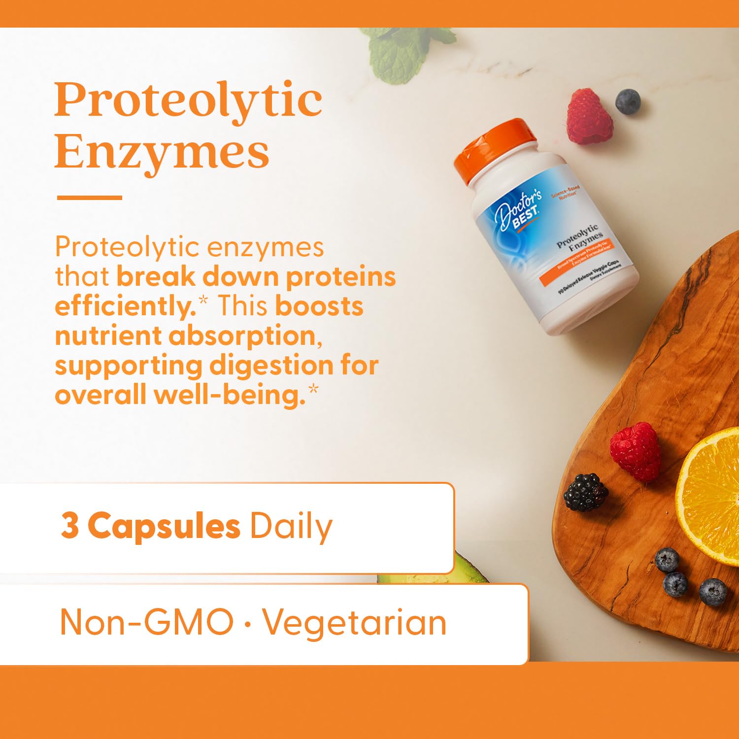 Doctor's Best digestive system illustration shows enzymes aiding fats, proteins, and carbs.