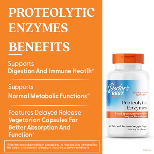 Doctor's Best proteolytic enzymes ingredients chart highlighting bromelain, papain, serratiopeptidase.