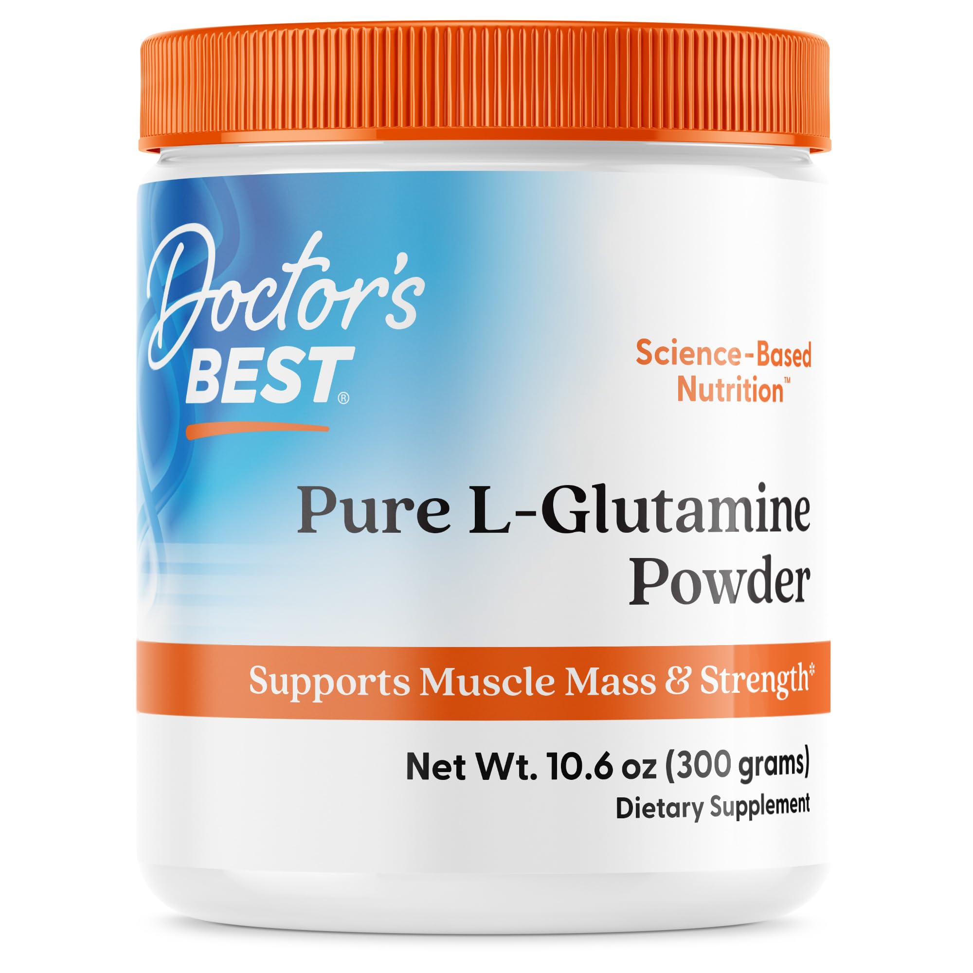 Doctor's Best L-Glutamine powder bottle for convenient post-workout support