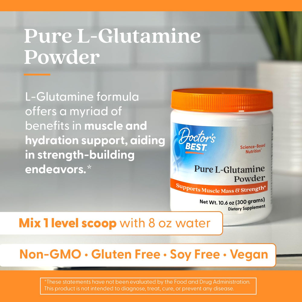 Scoop ready to mix with Doctor's Best L-Glutamine powder on the counter