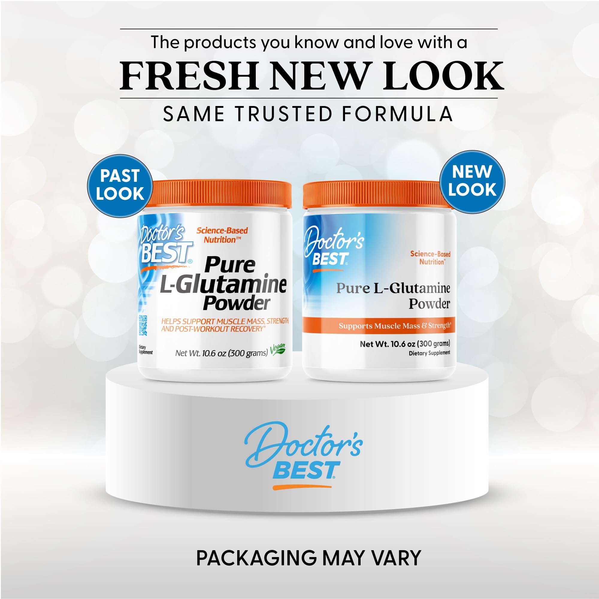 Close-up of Doctor's Best L-Glutamine label highlighting vegan and Non-GMO features