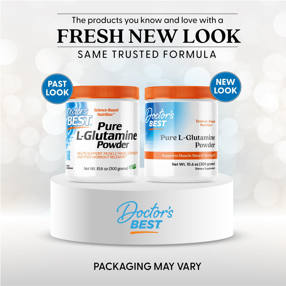 Close-up of Doctor's Best L-Glutamine label highlighting vegan and Non-GMO features