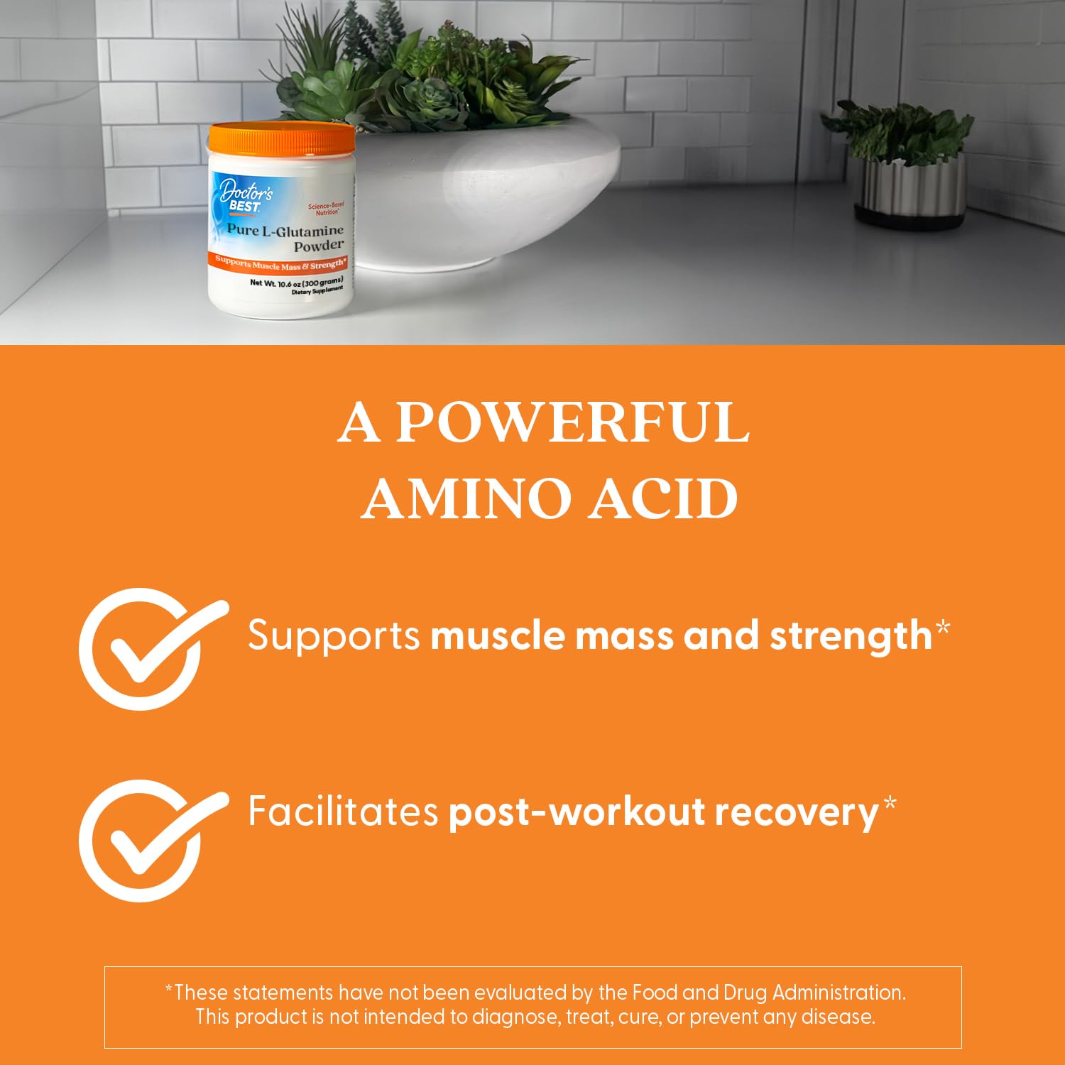 Packaging display of Doctor's Best L-Glutamine product and ingredients